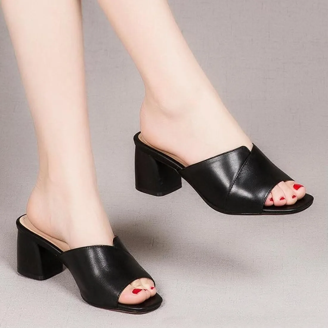 Chunky Heel Slip-On Platform Sandals for Women, 2025 New Black Wedge Mules, Open Toe Slides Dress Shoes
