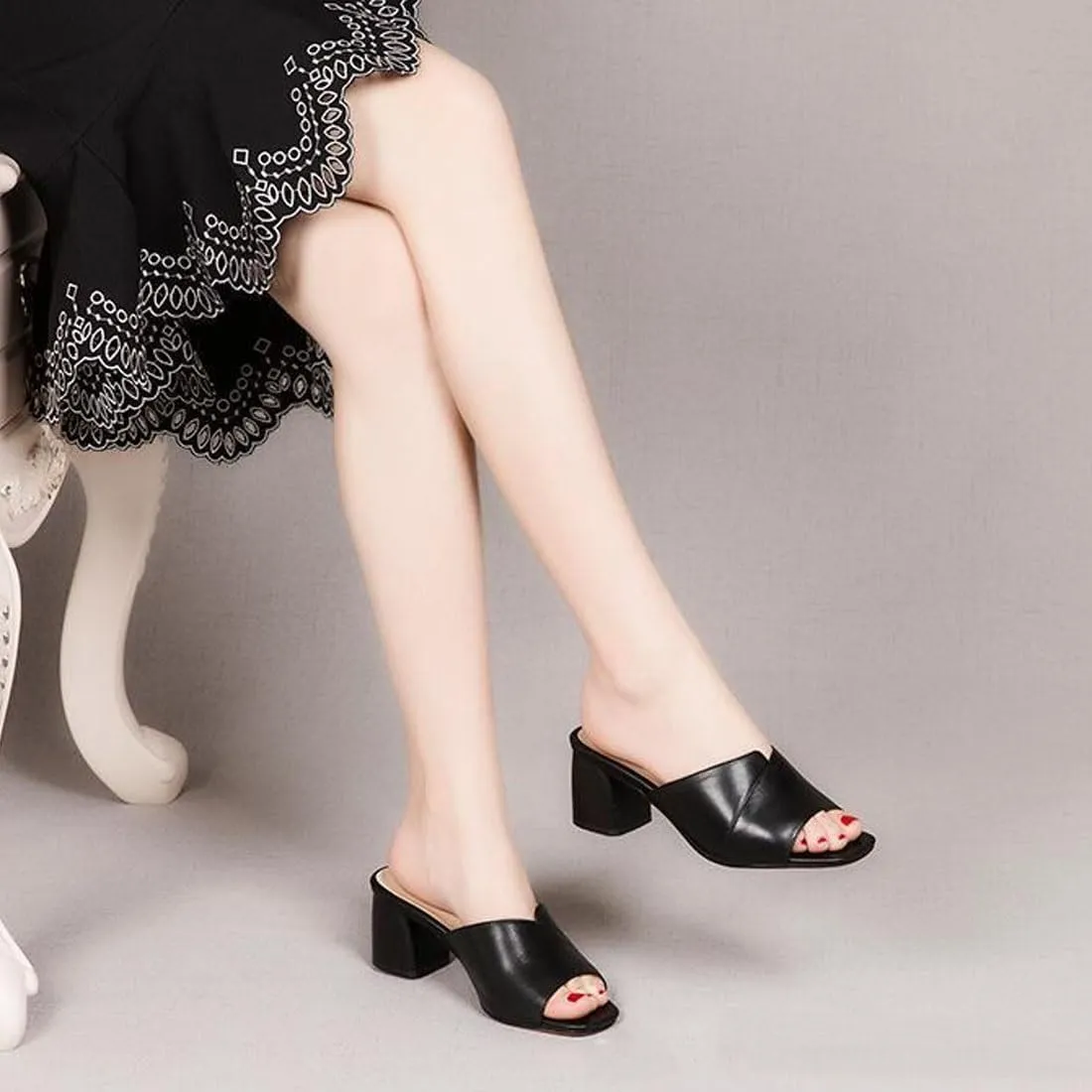 Chunky Heel Slip-On Platform Sandals for Women, 2025 New Black Wedge Mules, Open Toe Slides Dress Shoes
