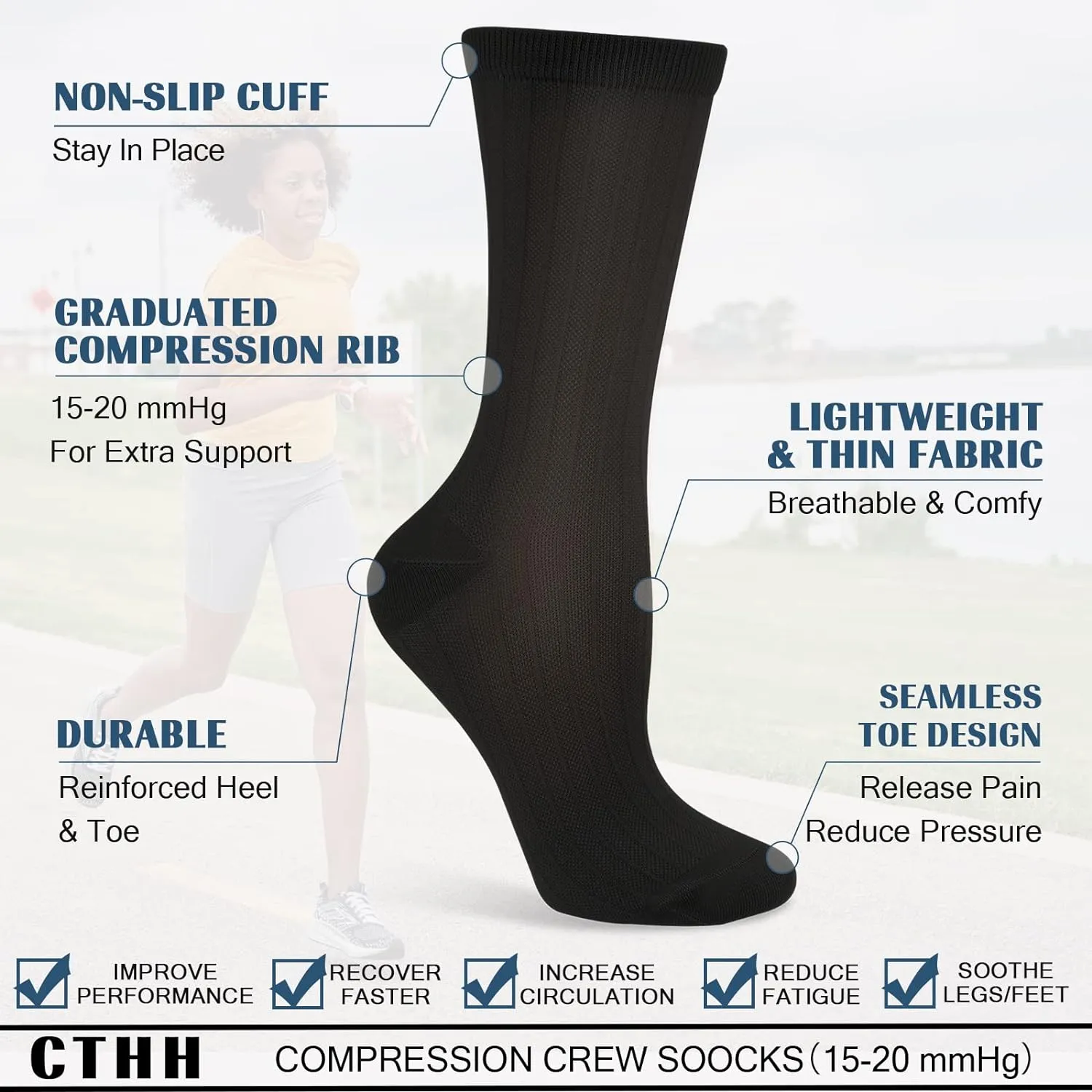 Compression Crew Socks for Women Thin Lightweight (15-20 mmHg) for Athletic Nurse Circulation Support Socks, 4 Pairs