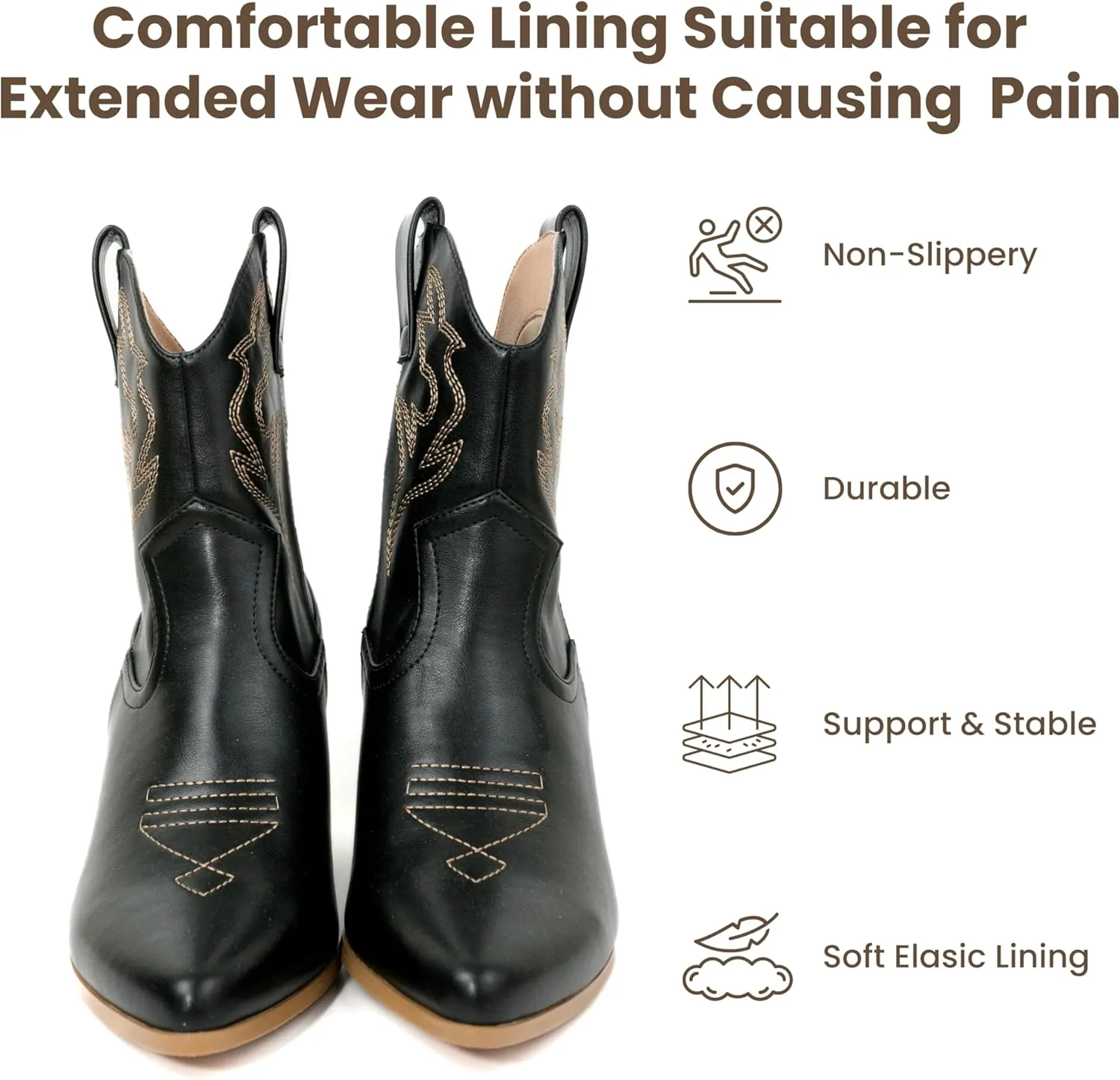 Cowboy Boots for Women, Western Cowgirl Ankle Booties with Pointed Toe, Low Chunky Heel, Embroidered Pull-On Design