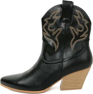 Cowboy Boots for Women, Western Cowgirl Ankle Booties with Pointed Toe, Low Chunky Heel, Embroidered Pull-On Design