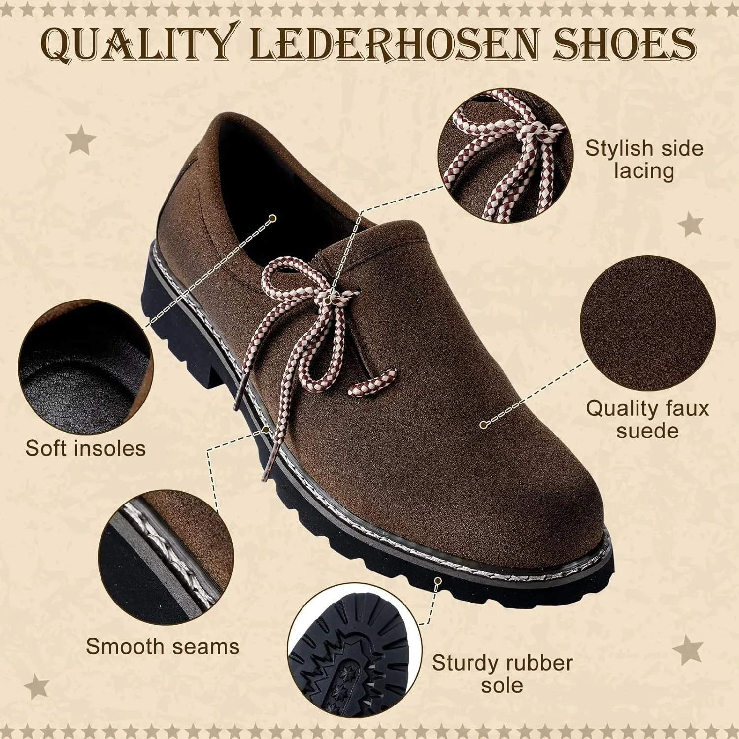 Cuffbow Lederhosen Shoes for Men Oktoberfest Costume Boots Authentic German Lederhosen Suede Leather Shoes Brown Casual Boots