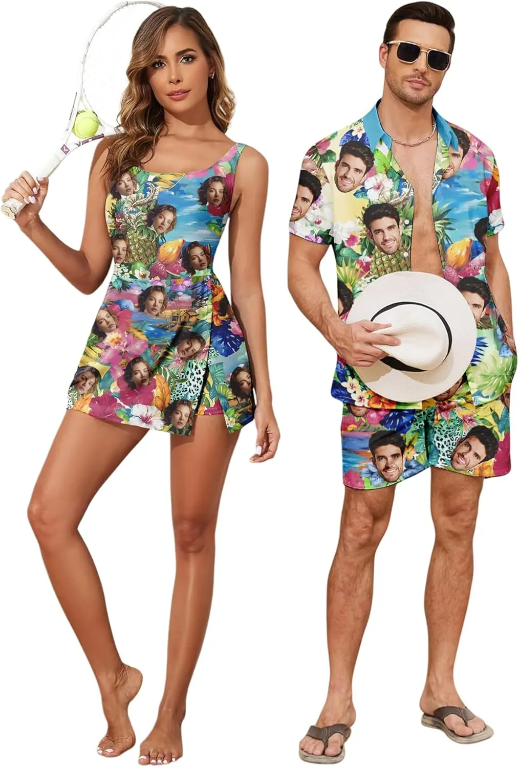 Custom Matching Hawaiian Outfits for Couples Personalized Beach Vacation Tropical Print Men Shirt Suit