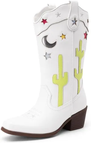 DREAM PAIRS Girls Cowboy Boots Cowgirl Mid Calf Western Boots with Low Heel Square Toe for Little Kid/Big Kid