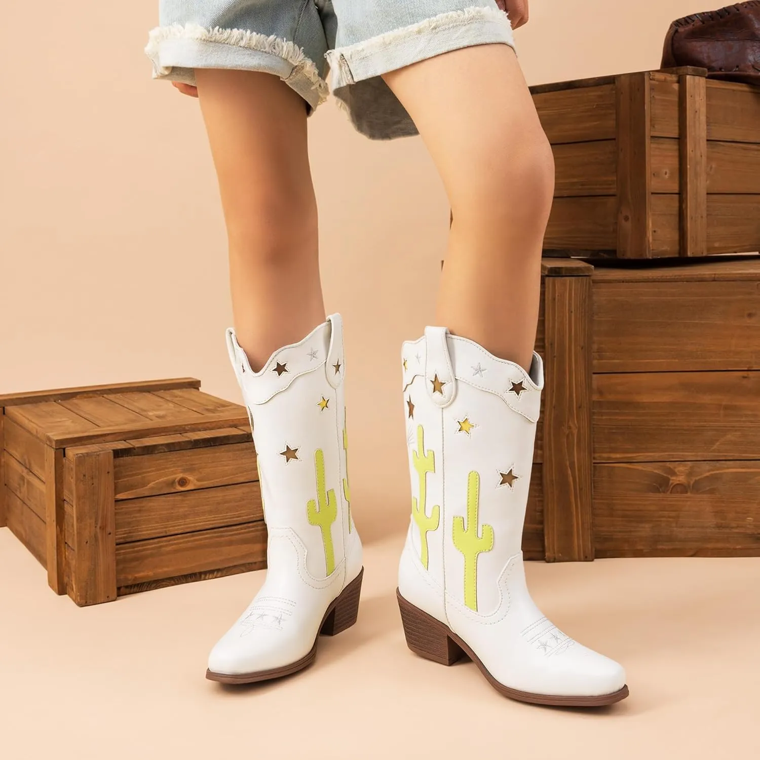 DREAM PAIRS Girls Cowboy Boots Cowgirl Mid Calf Western Boots with Low Heel Square Toe for Little Kid/Big Kid