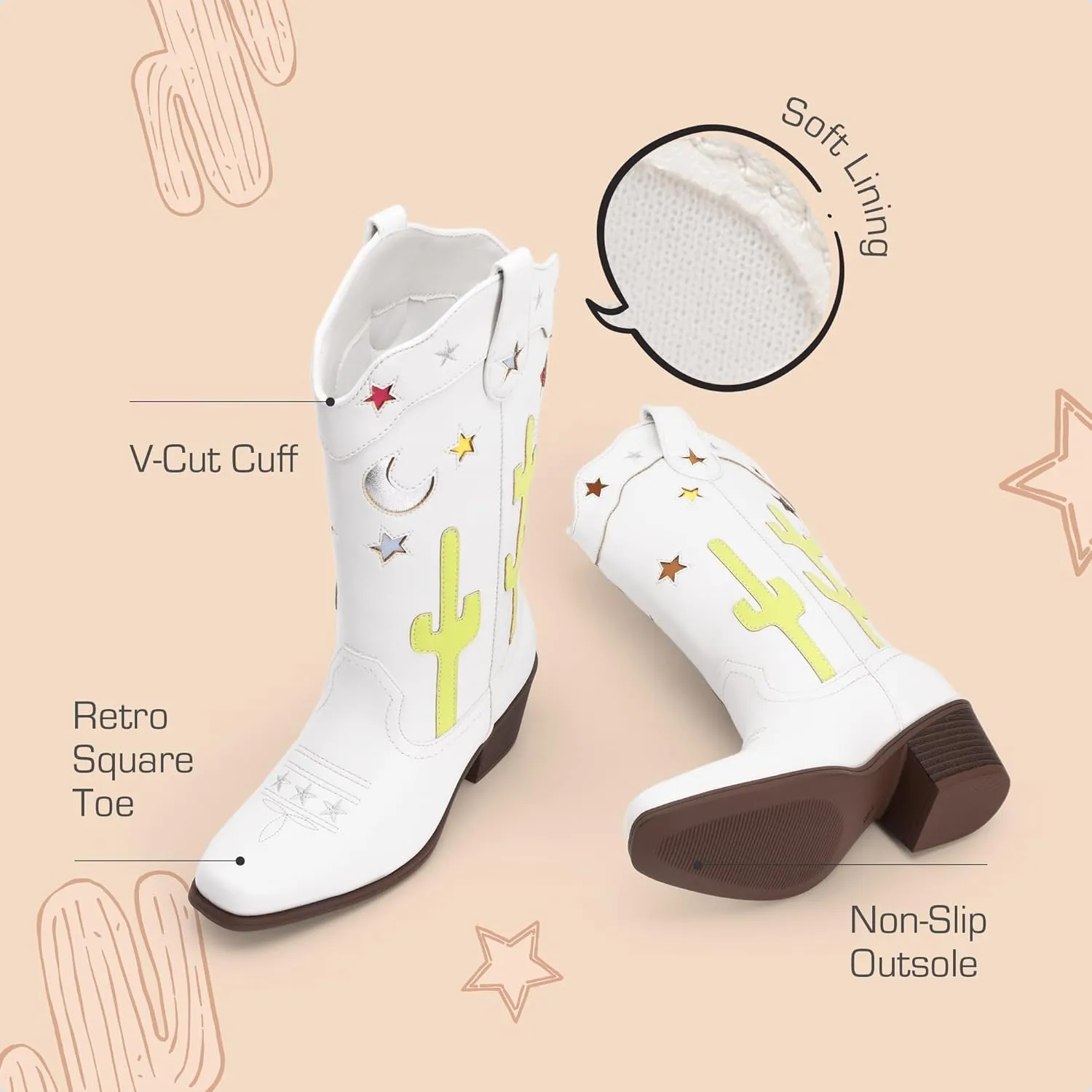 DREAM PAIRS Girls Cowboy Boots Cowgirl Mid Calf Western Boots with Low Heel Square Toe for Little Kid/Big Kid