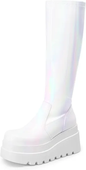 DREAM PAIRS Women's Knee High Boots Wedge Platform Chunky Heel Round Toe Side Zipper Fashion Long Tall Sock Boots