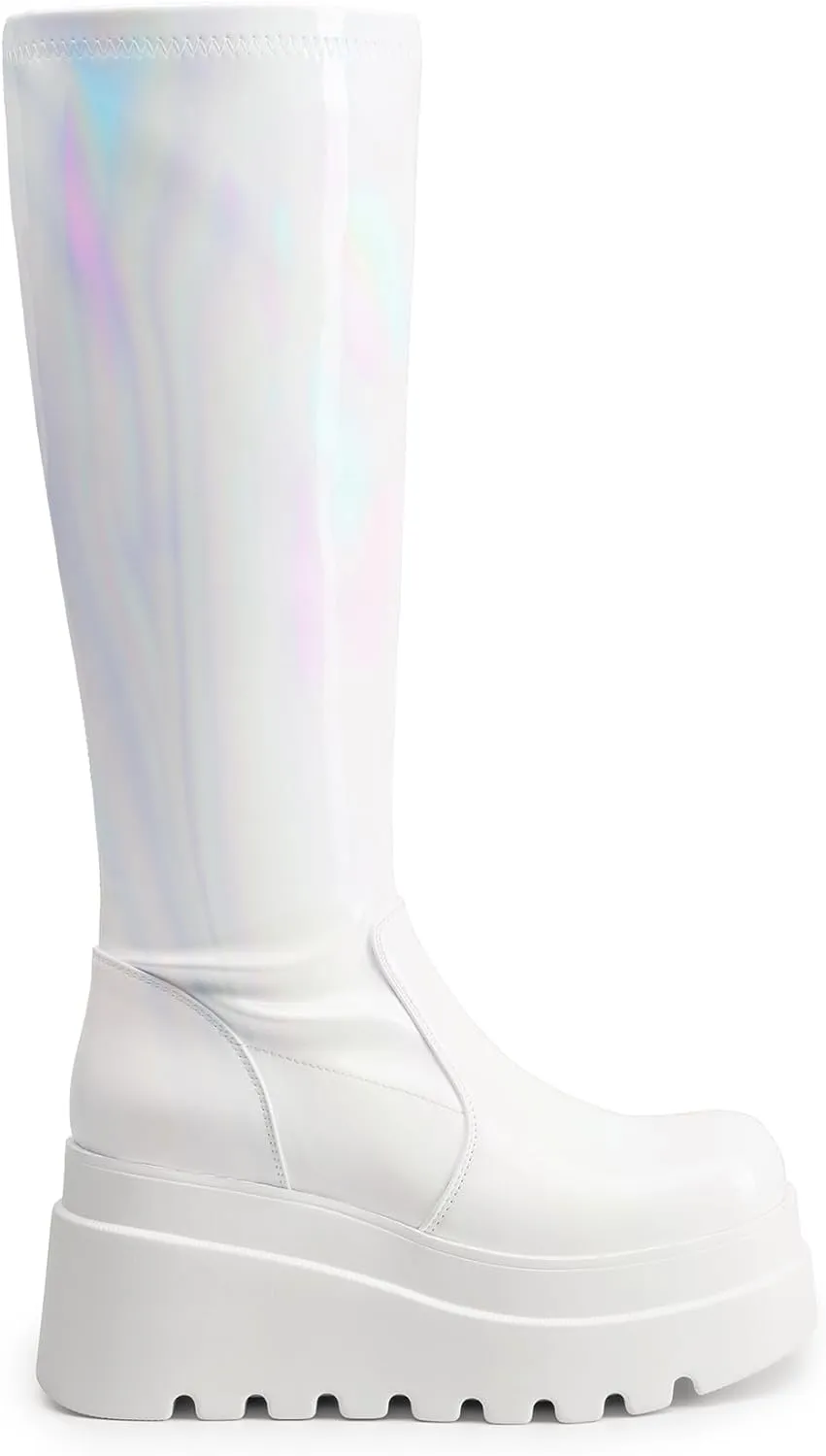 DREAM PAIRS Women's Knee High Boots Wedge Platform Chunky Heel Round Toe Side Zipper Fashion Long Tall Sock Boots