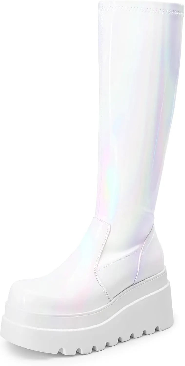 DREAM PAIRS Women's Knee High Boots Wedge Platform Chunky Heel Round Toe Side Zipper Fashion Long Tall Sock Boots