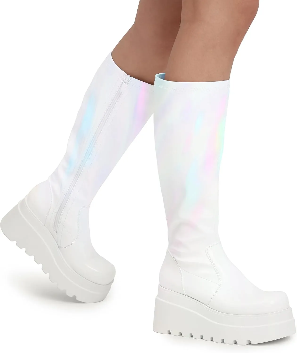 DREAM PAIRS Women's Knee High Boots Wedge Platform Chunky Heel Round Toe Side Zipper Fashion Long Tall Sock Boots