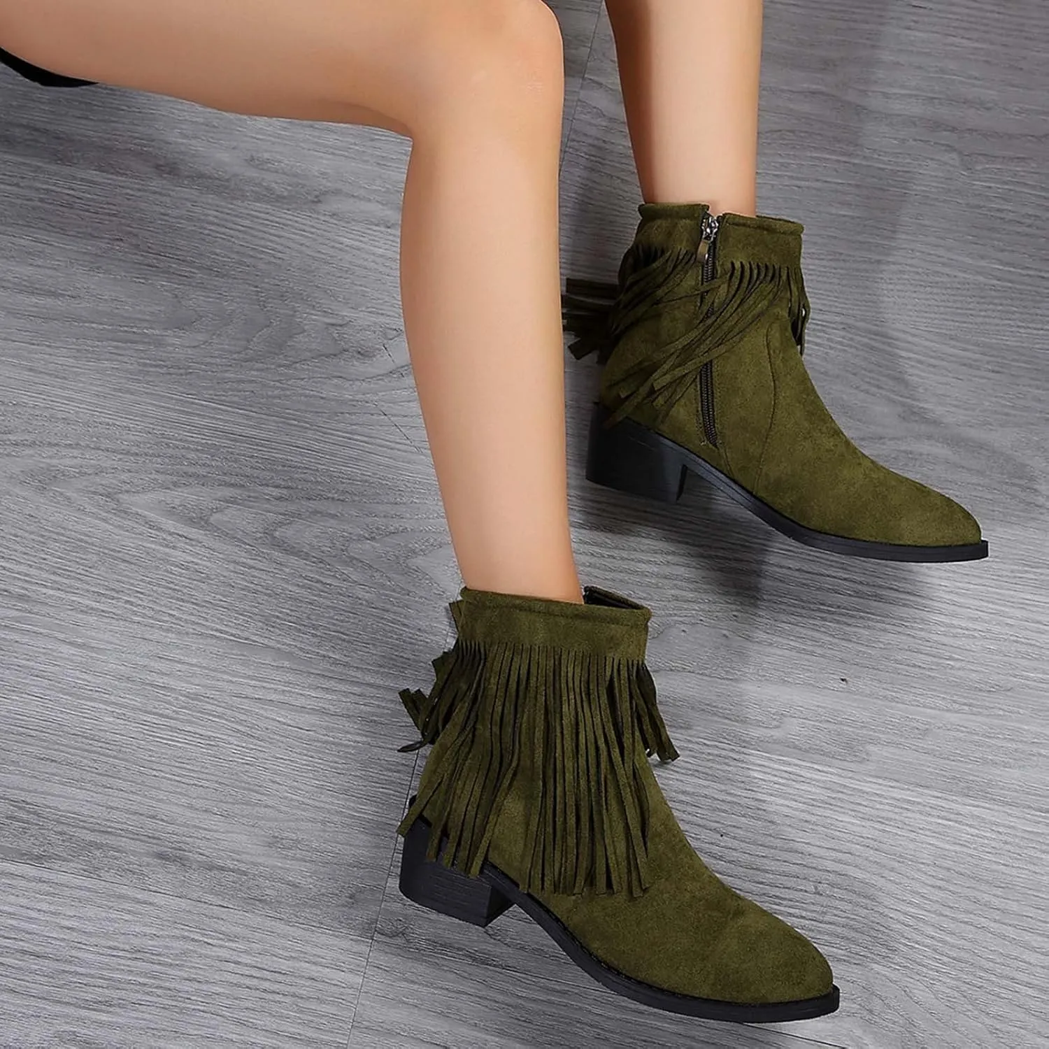 Dress Shoes for Women Tassel Suede Side Zipper Thick Heel Short Boots Casual Retro Fashion Middle Heel Boots