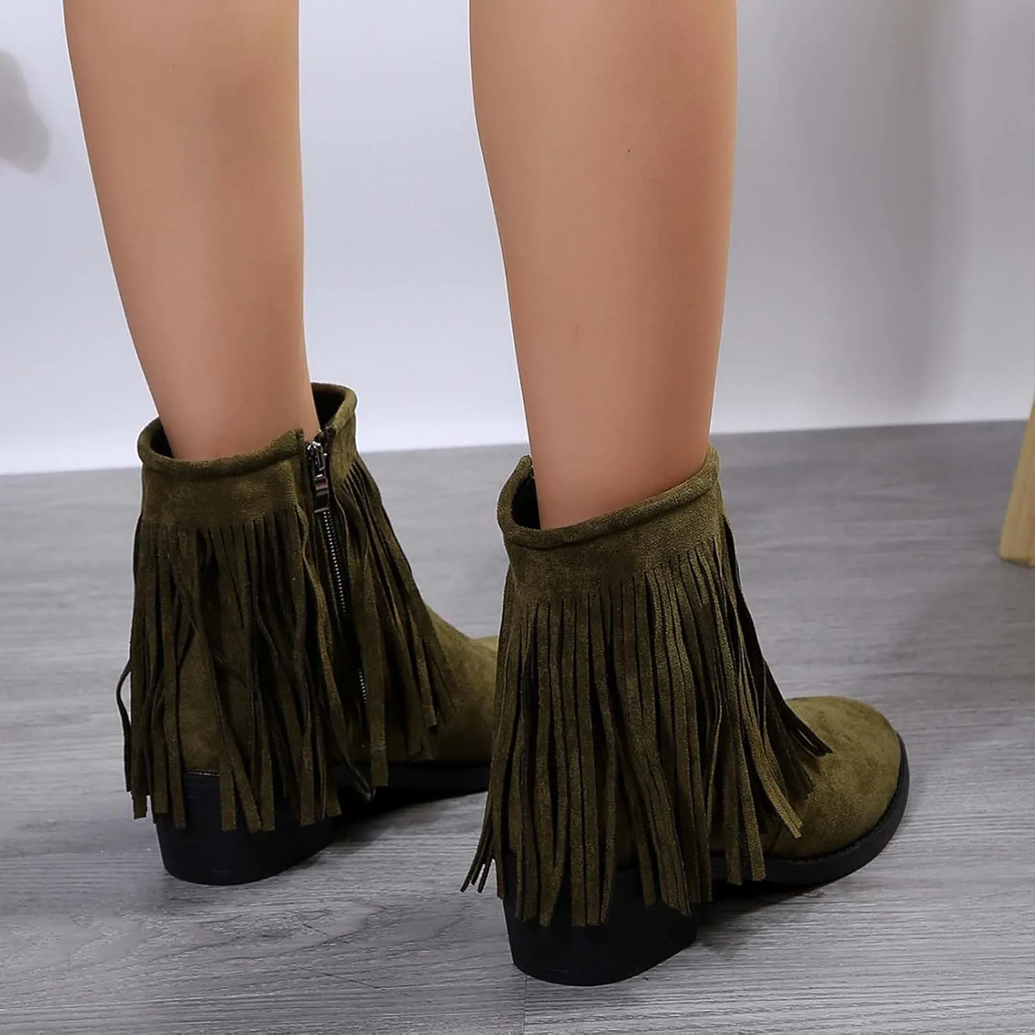 Dress Shoes for Women Tassel Suede Side Zipper Thick Heel Short Boots Casual Retro Fashion Middle Heel Boots