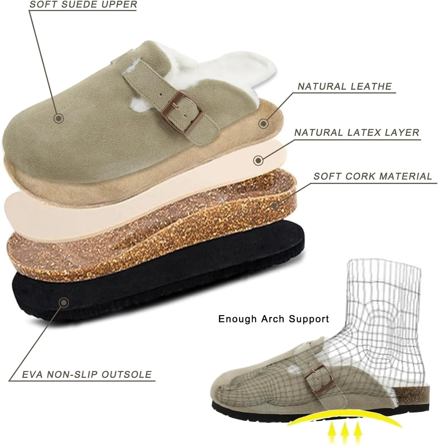 Dumalum Suede Clogs for Women and Men - Adjustable Buckle Slip-on Cork Footbed Mules with Antislip Sole - Unisex Slippers