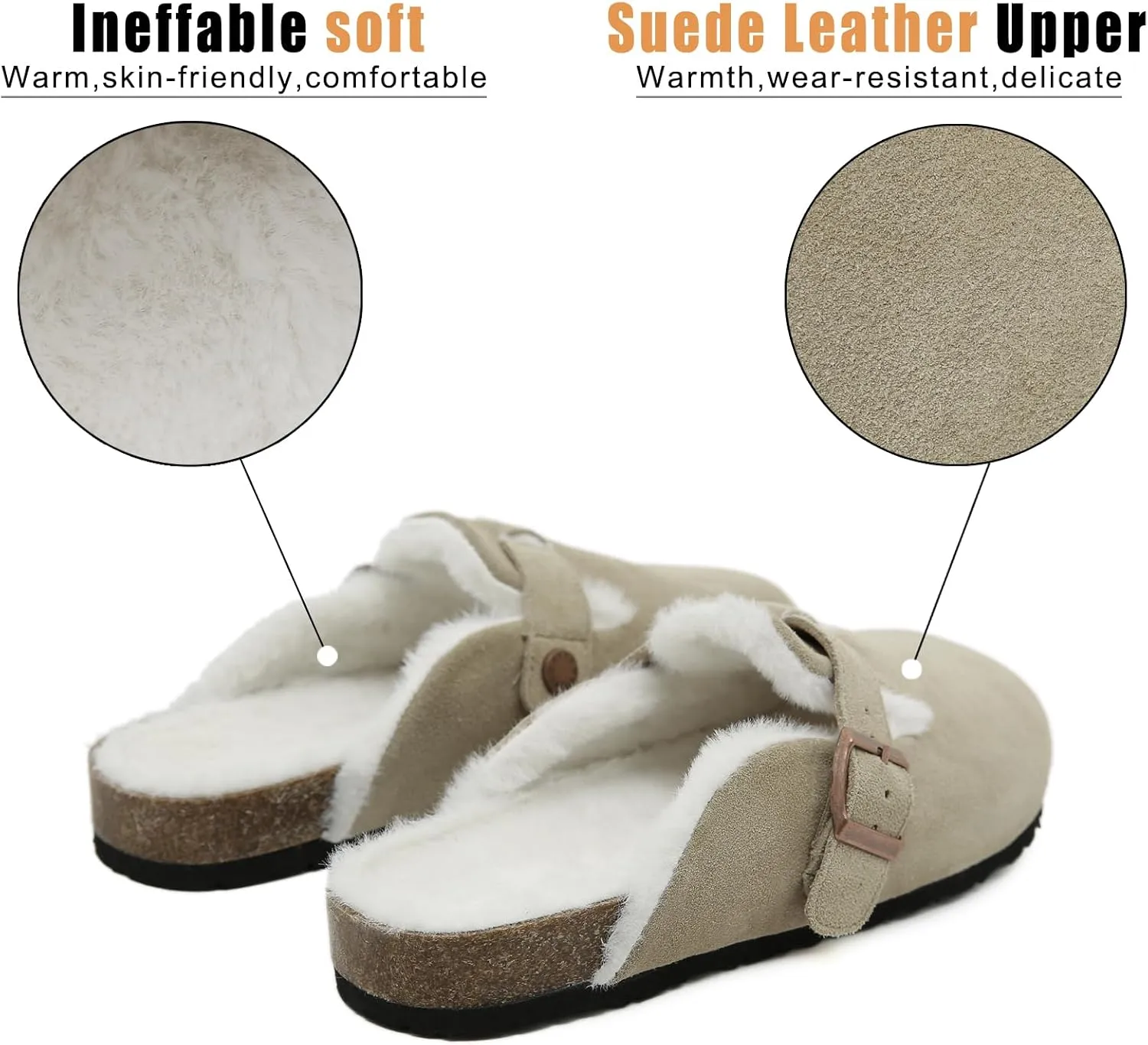 Dumalum Suede Clogs for Women and Men - Adjustable Buckle Slip-on Cork Footbed Mules with Antislip Sole - Unisex Slippers