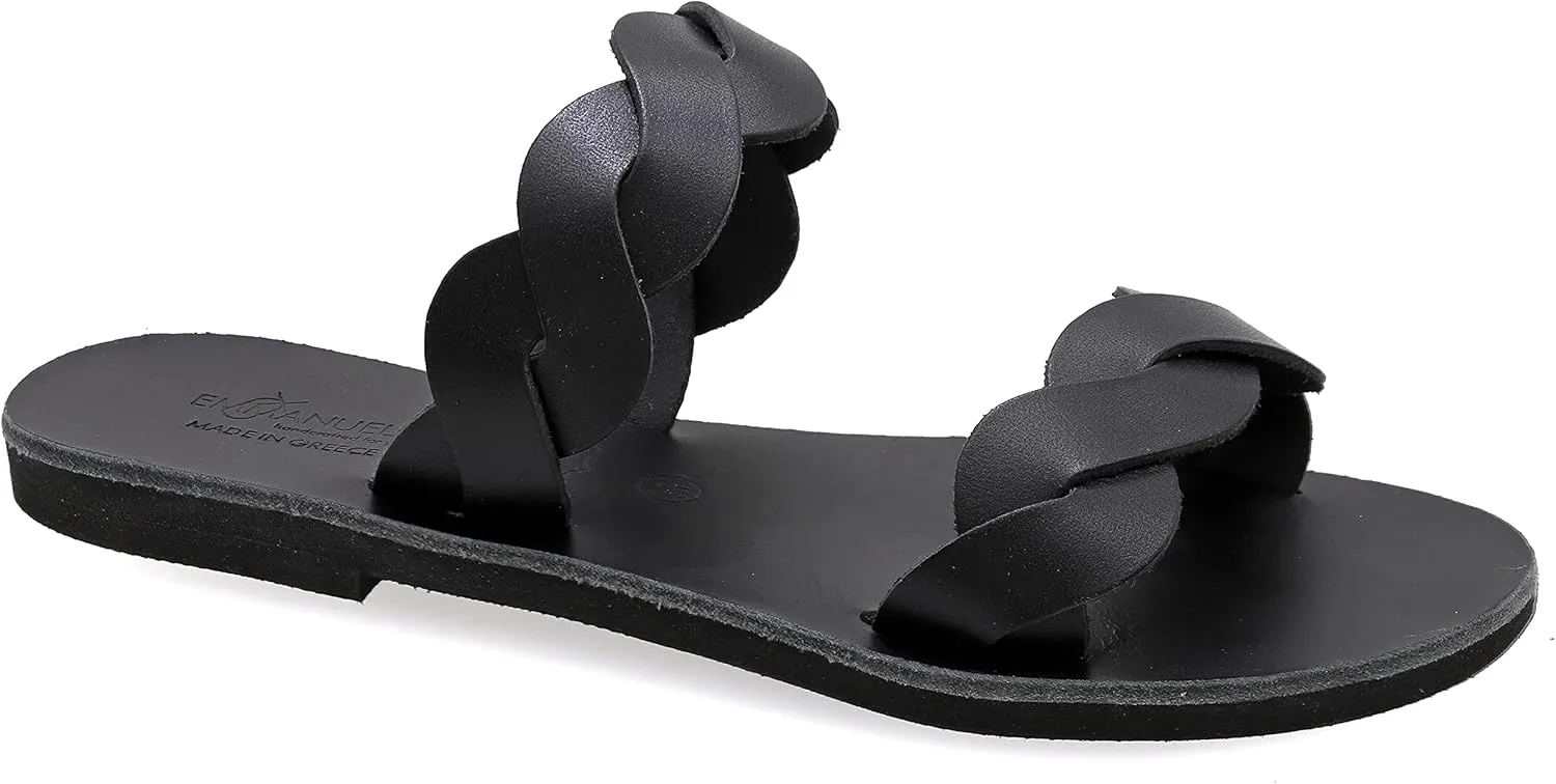 Emmanuela Ancient Greek Handmade Leather Flat Sandals with braided straps, Quality Slide on Summer Shoes for Women, Open Toe Sliders, Boho Chic Mules White Rose Gold Yellow