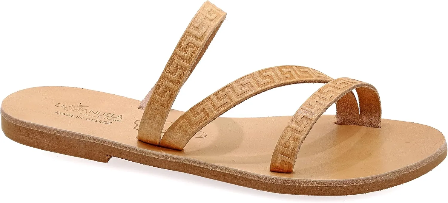 Emmanuela Ancient Greek Handmade Leather Flat Sandals with Meanders, Quality Slide on Strappy Summer Shoes for Women, Open Toe Sliders, Boho Chic Mules