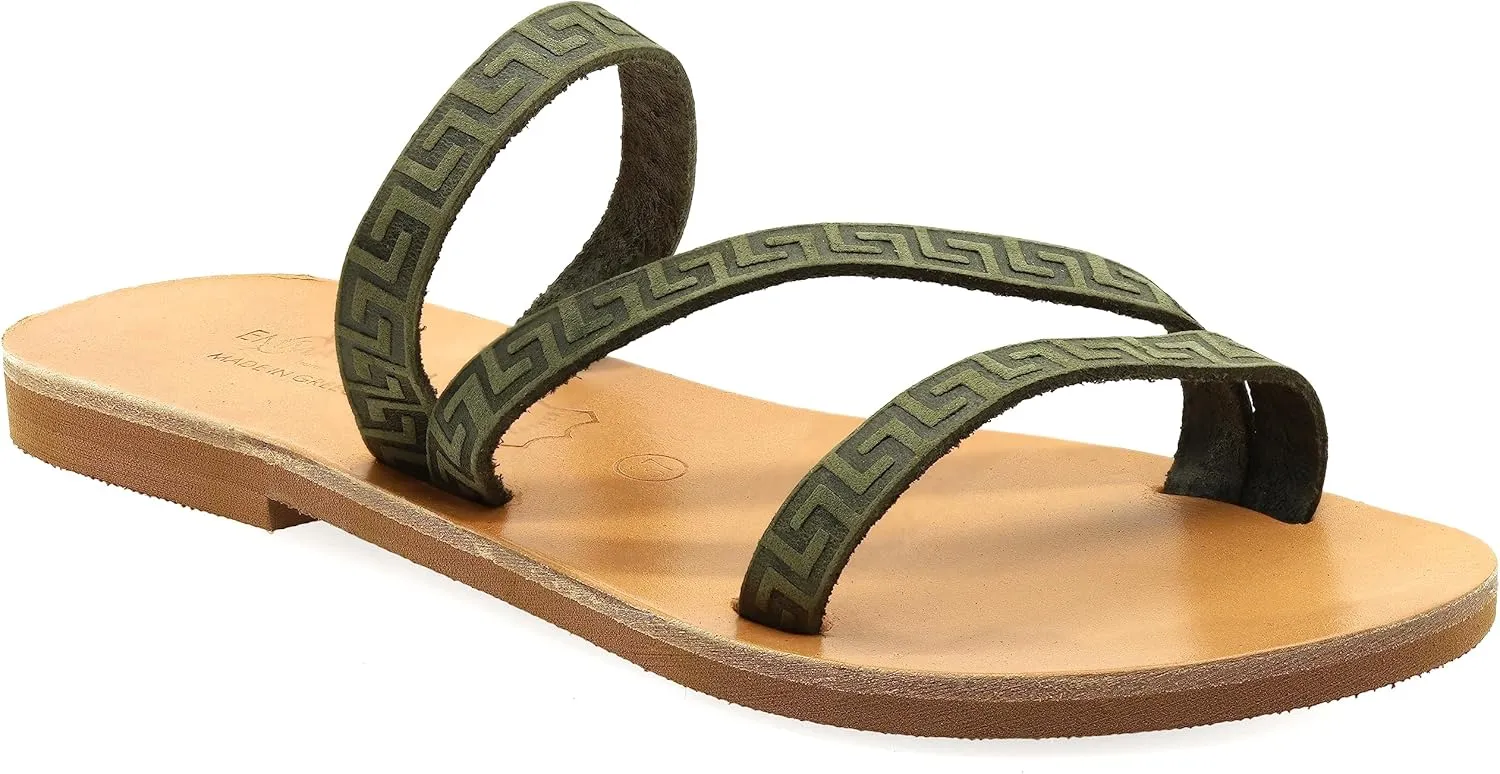 Emmanuela Ancient Greek Handmade Leather Flat Sandals with Meanders, Quality Slide on Strappy Summer Shoes for Women, Open Toe Sliders, Boho Chic Mules
