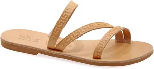 Emmanuela Ancient Greek Handmade Leather Flat Sandals with Meanders, Quality Slide on Strappy Summer Shoes for Women, Open Toe Sliders, Boho Chic Mules