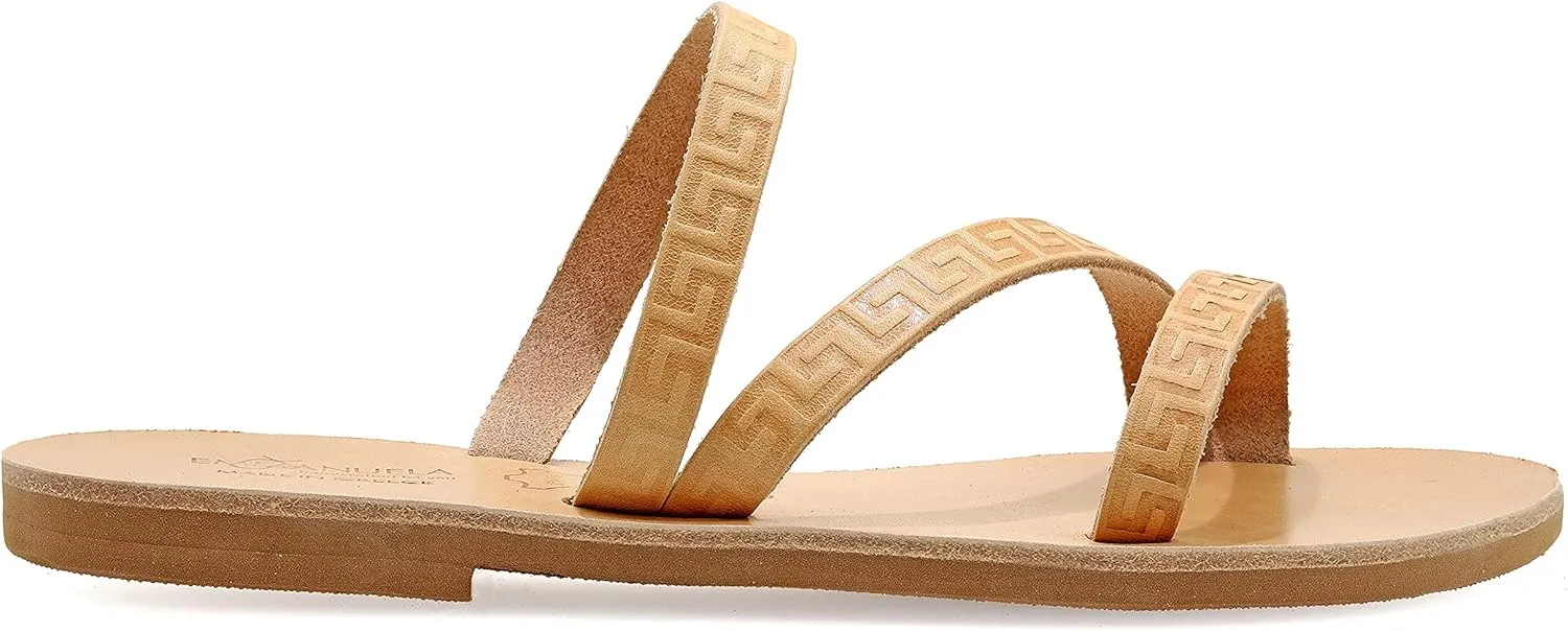 Emmanuela Ancient Greek Handmade Leather Flat Sandals with Meanders, Quality Slide on Strappy Summer Shoes for Women, Open Toe Sliders, Boho Chic Mules