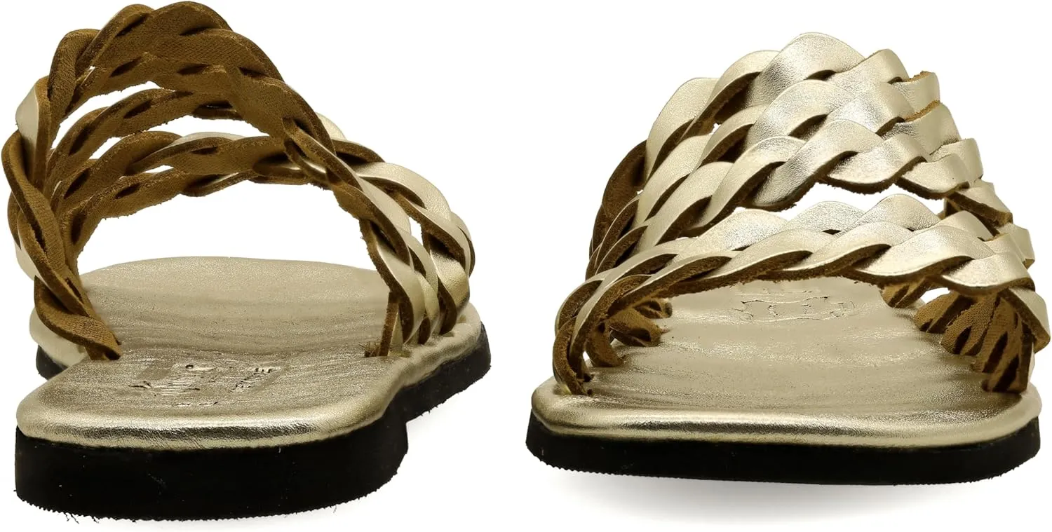 Emmanuela Comfortable Leather Flat Sandals with Braided Straps, Greek Quality Slide on Summer Shoes, Open Toe Mules, Boho Chic Braided Fashion Sliders