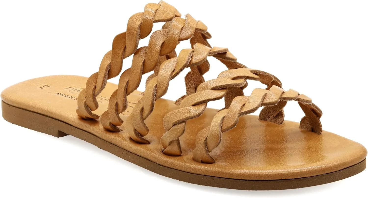 Emmanuela Comfortable Leather Flat Sandals with Braided Straps, Greek Quality Slide on Summer Shoes, Open Toe Mules, Boho Chic Braided Fashion Sliders