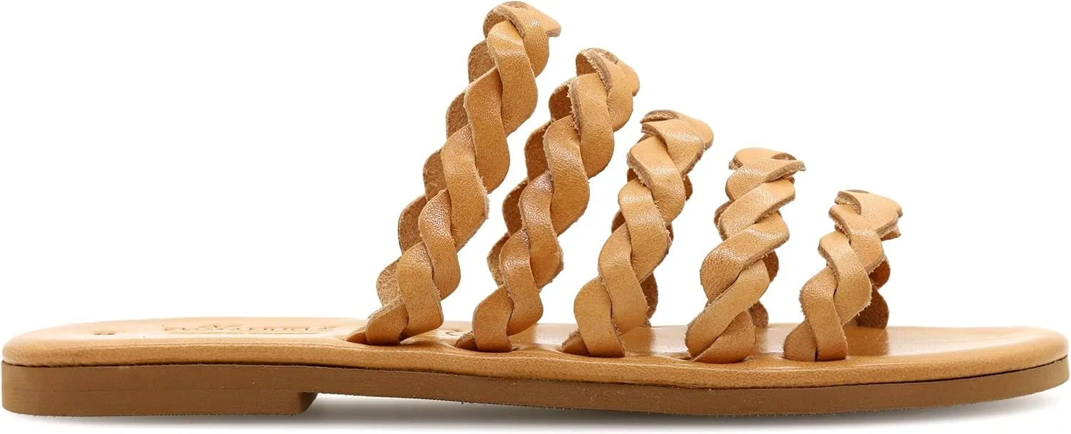 Emmanuela Comfortable Leather Flat Sandals with Braided Straps, Greek Quality Slide on Summer Shoes, Open Toe Mules, Boho Chic Braided Fashion Sliders
