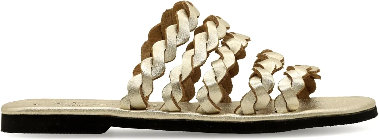 Emmanuela Comfortable Leather Flat Sandals with Braided Straps, Greek Quality Slide on Summer Shoes, Open Toe Mules, Boho Chic Braided Fashion Sliders