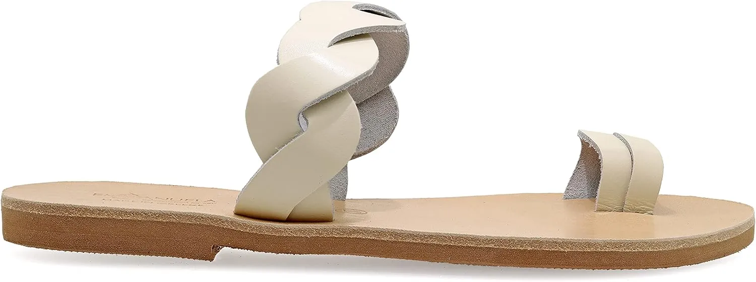 Emmanuela Greek Handmade Leather Flat Sandals with braided strap, Quality Slide on Summer Shoes for Women, Toe Ring Sliders, Boho Chic Mules off White Rose Gold