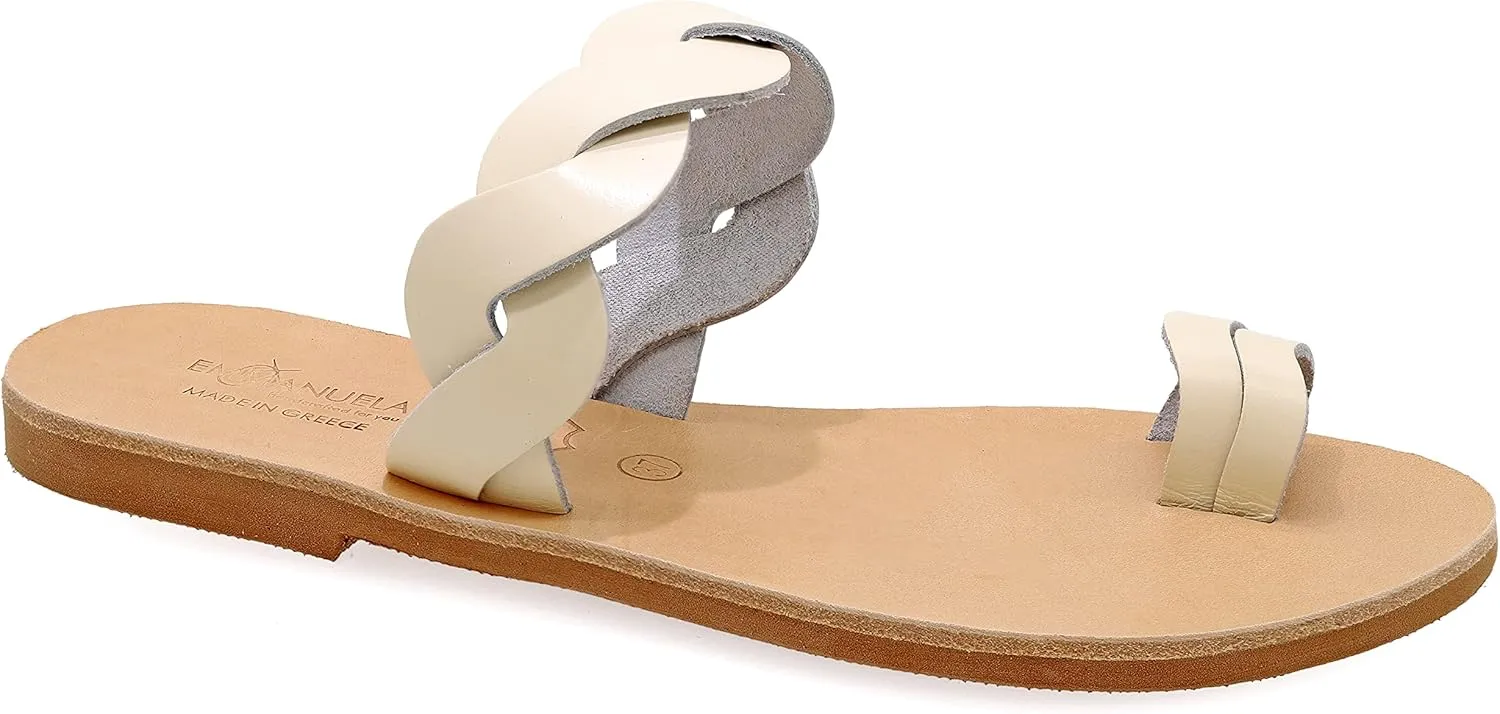 Emmanuela Greek Handmade Leather Flat Sandals with braided strap, Quality Slide on Summer Shoes for Women, Toe Ring Sliders, Boho Chic Mules off White Rose Gold