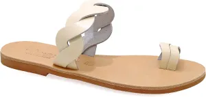 Emmanuela Greek Handmade Leather Flat Sandals with braided strap, Quality Slide on Summer Shoes for Women, Toe Ring Sliders, Boho Chic Mules off White Rose Gold