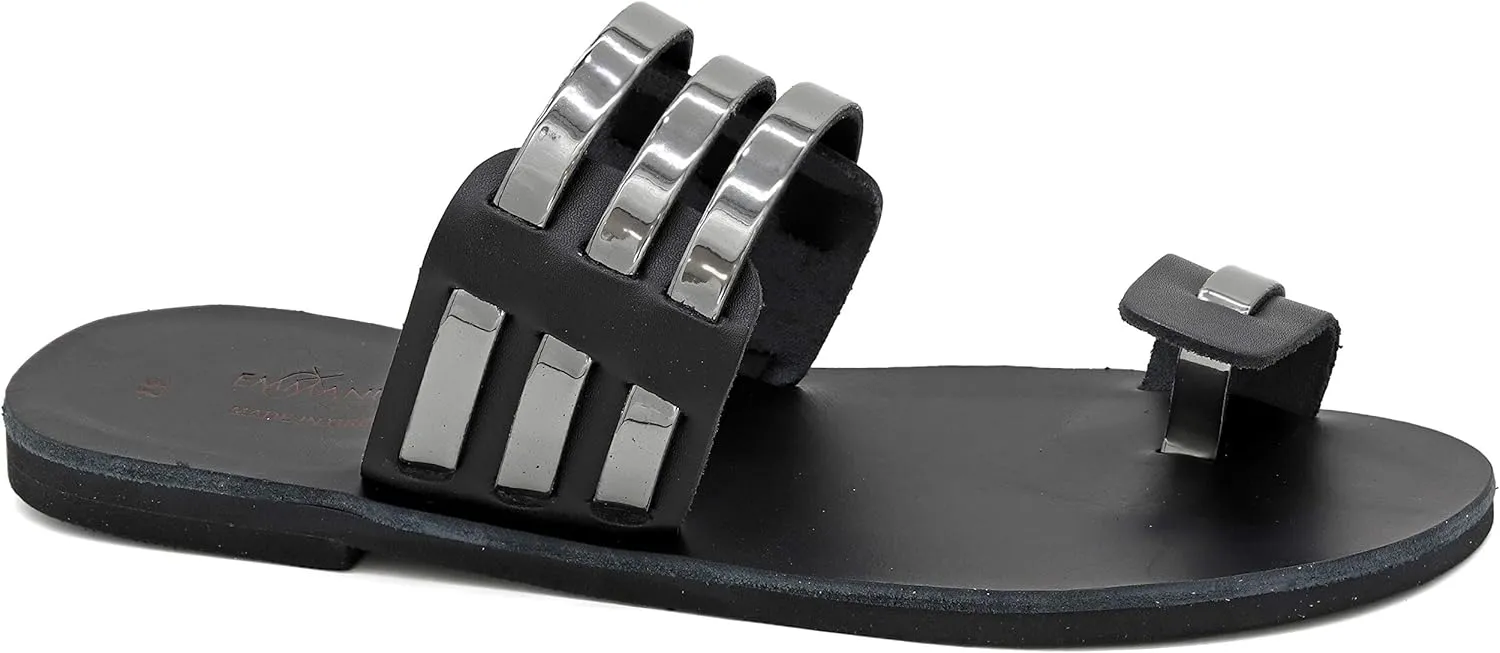 Emmanuela Greek Handmade Leather Toe Ring Sandals, Quality Slide on Summer Shoes for Women, Open Toe Sliders, Flat Strappy Sandals, Boho Chic Mules Silver Rose gold
