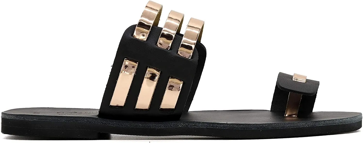 Emmanuela Greek Handmade Leather Toe Ring Sandals, Quality Slide on Summer Shoes for Women, Open Toe Sliders, Flat Strappy Sandals, Boho Chic Mules Silver Rose gold