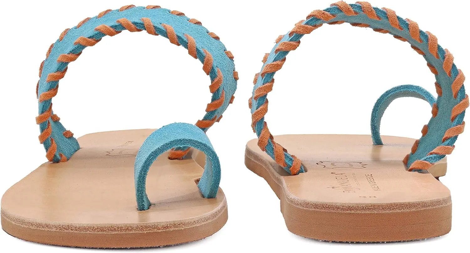 Emmanuela Greek Leather Embroided Toe Ring Sandals, Quality Handmade Slide on Strappy Summer Shoes for Women, Open Toe Sliders, Boho Chic Slider Mules