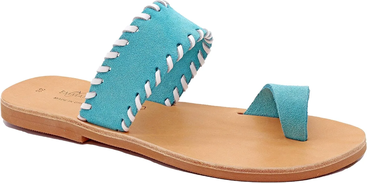 Emmanuela Greek Leather Embroided Toe Ring Sandals, Quality Handmade Slide on Strappy Summer Shoes for Women, Open Toe Sliders, Boho Chic Slider Mules