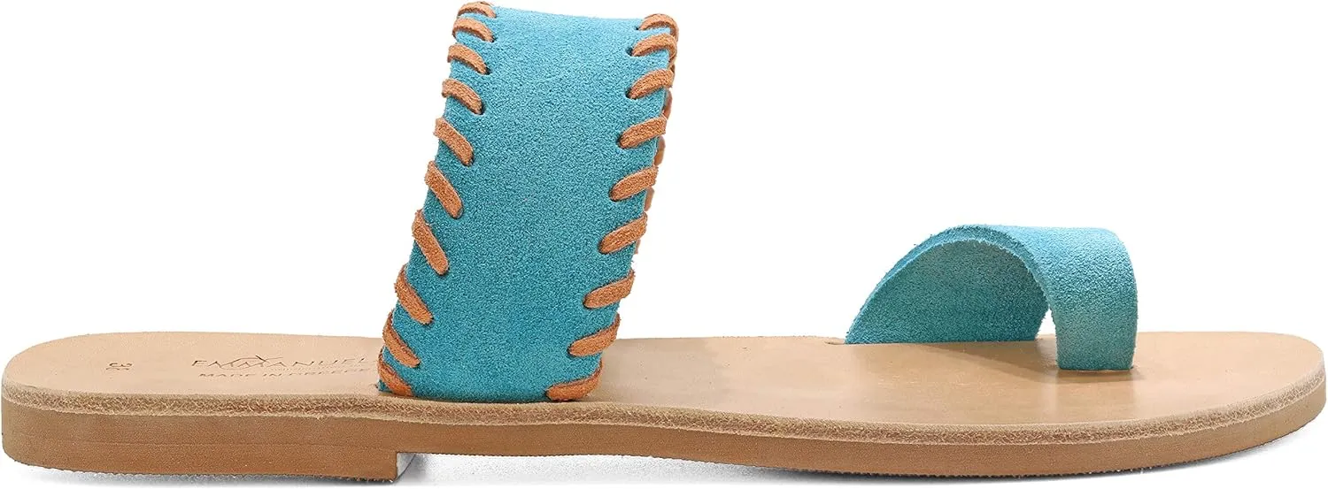 Emmanuela Greek Leather Embroided Toe Ring Sandals, Quality Handmade Slide on Strappy Summer Shoes for Women, Open Toe Sliders, Boho Chic Slider Mules