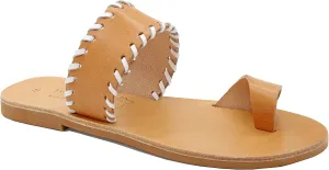 Emmanuela Greek Leather Embroided Toe Ring Sandals, Quality Handmade Slide on Strappy Summer Shoes for Women, Open Toe Sliders, Boho Chic Slider Mules