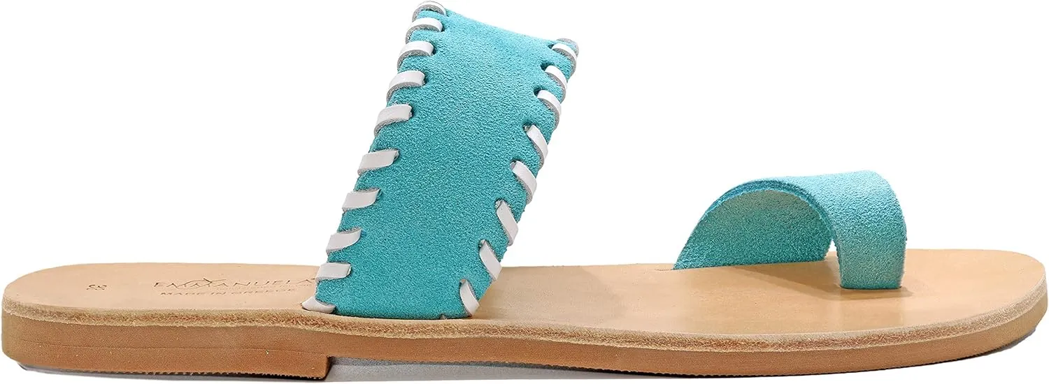 Emmanuela Greek Leather Embroided Toe Ring Sandals, Quality Handmade Slide on Strappy Summer Shoes for Women, Open Toe Sliders, Boho Chic Slider Mules