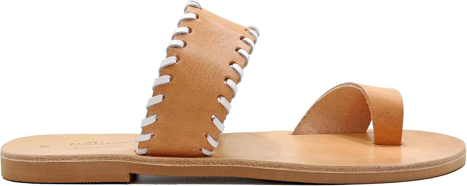 Emmanuela Greek Leather Embroided Toe Ring Sandals, Quality Handmade Slide on Strappy Summer Shoes for Women, Open Toe Sliders, Boho Chic Slider Mules