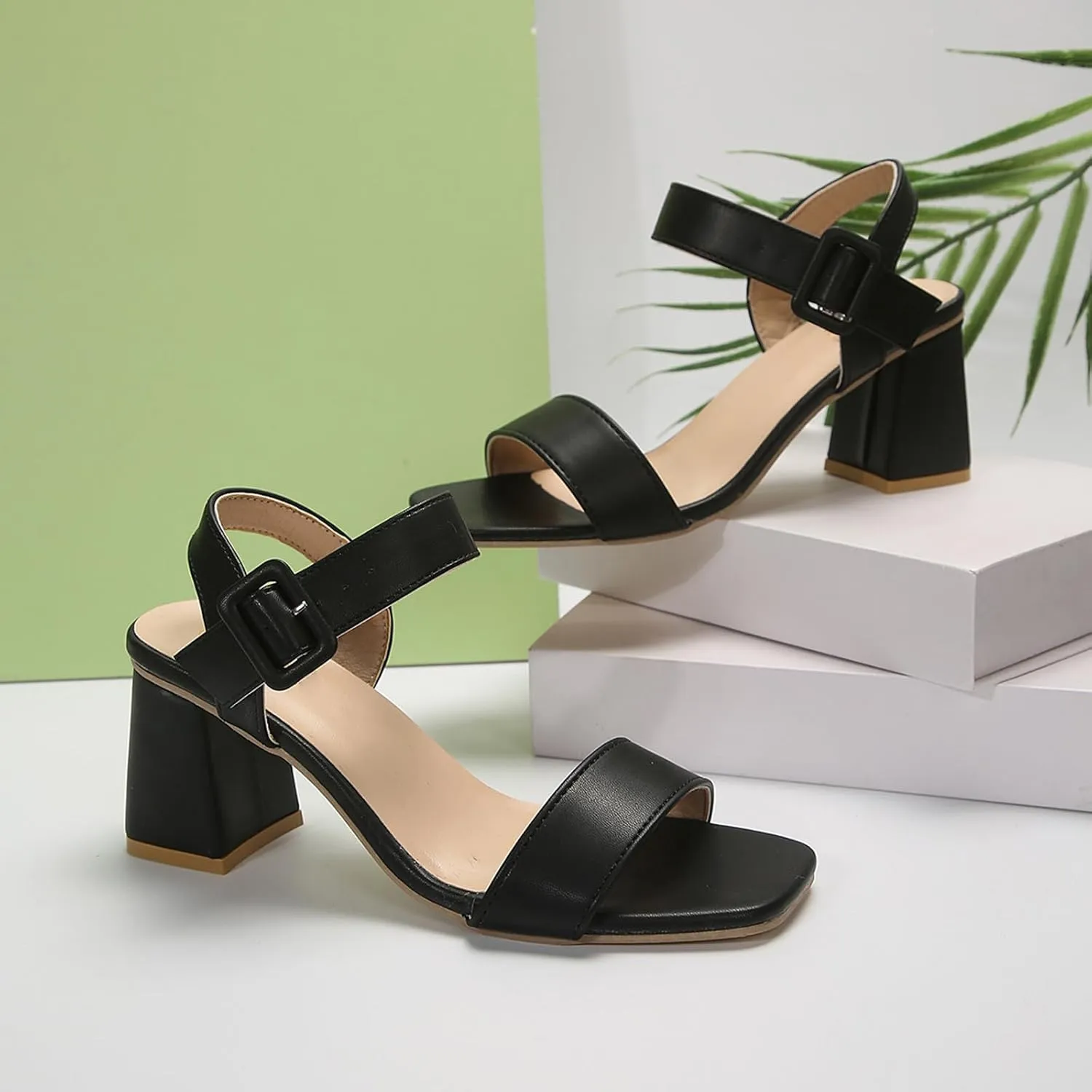 Fashion Chunky Heel Sandals for Women Strappy Buckle Heeled Sandal with Chunk Heel Elegant Dress Pumps Shoes