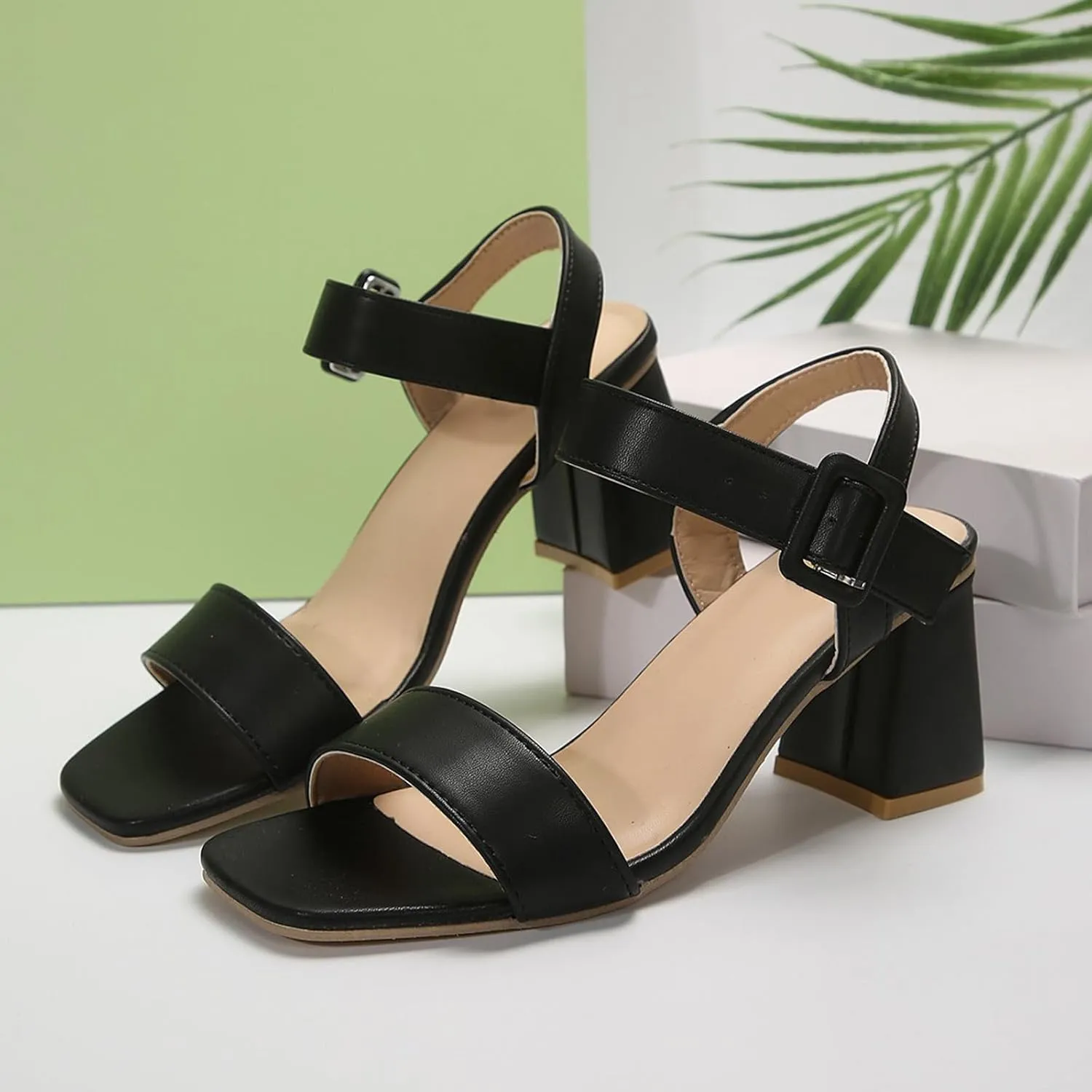 Fashion Chunky Heel Sandals for Women Strappy Buckle Heeled Sandal with Chunk Heel Elegant Dress Pumps Shoes