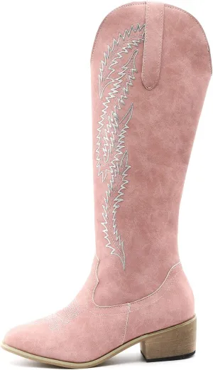 Fashion Women Cowboy Boots Cowgirl Boots Dressy Boots Knee High Side Zipper Chunky Heels Pointy Toe Embroidered Boots
