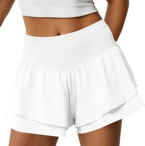 Fisoew Womens High Waisted Athletic Shorts Ruffle Tiered Running Workout Tennis Shorts with Build in Shorts