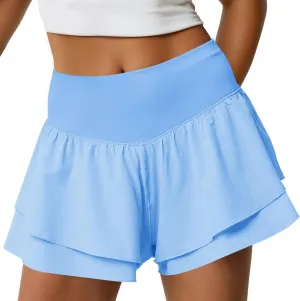 Fisoew Womens High Waisted Athletic Shorts Ruffle Tiered Running Workout Tennis Shorts with Build in Shorts