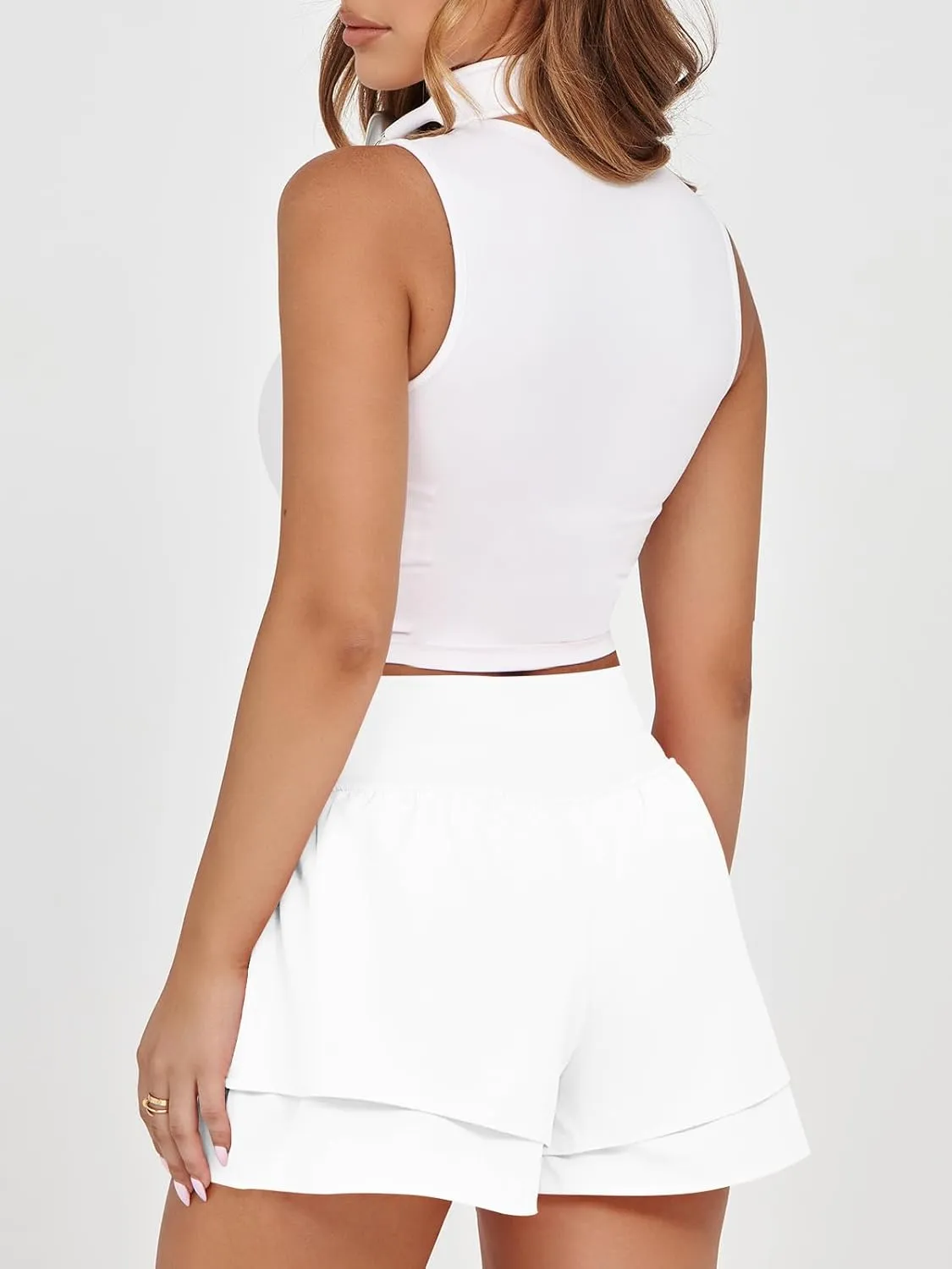 Fisoew Womens High Waisted Athletic Shorts Ruffle Tiered Running Workout Tennis Shorts with Build in Shorts