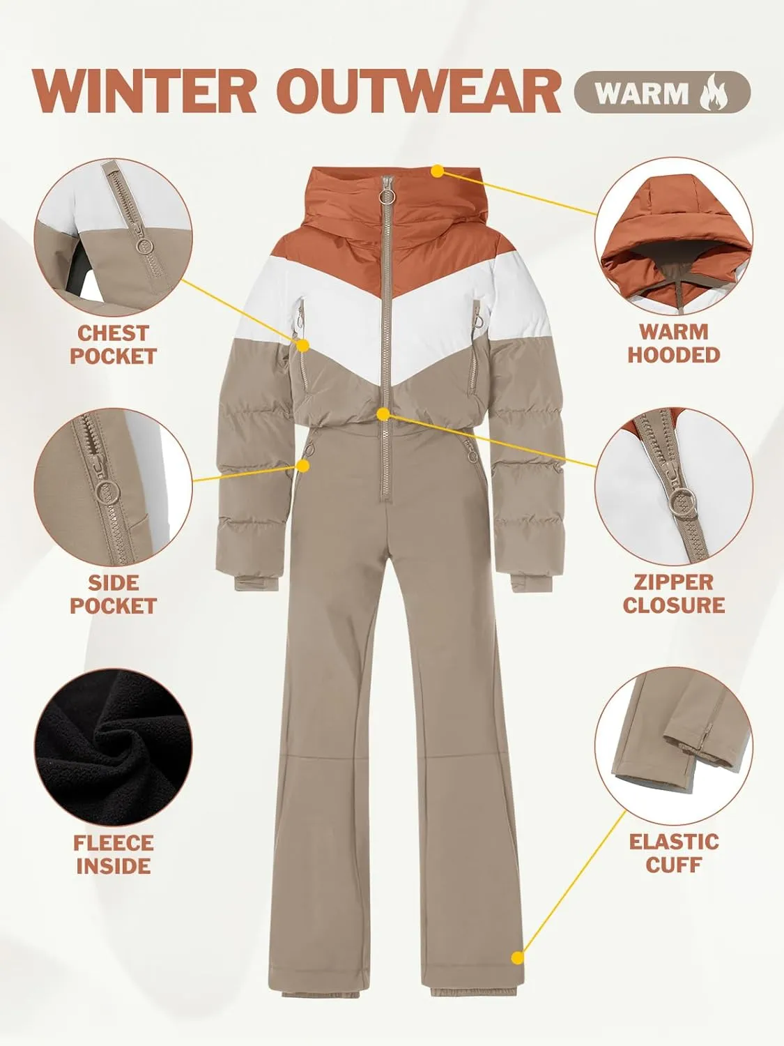 Fisoew Womens One Piece Ski Suit Warm Waterproof Snowsuits Winter Snow Jumpsuits Outdoor Sports Outerwear