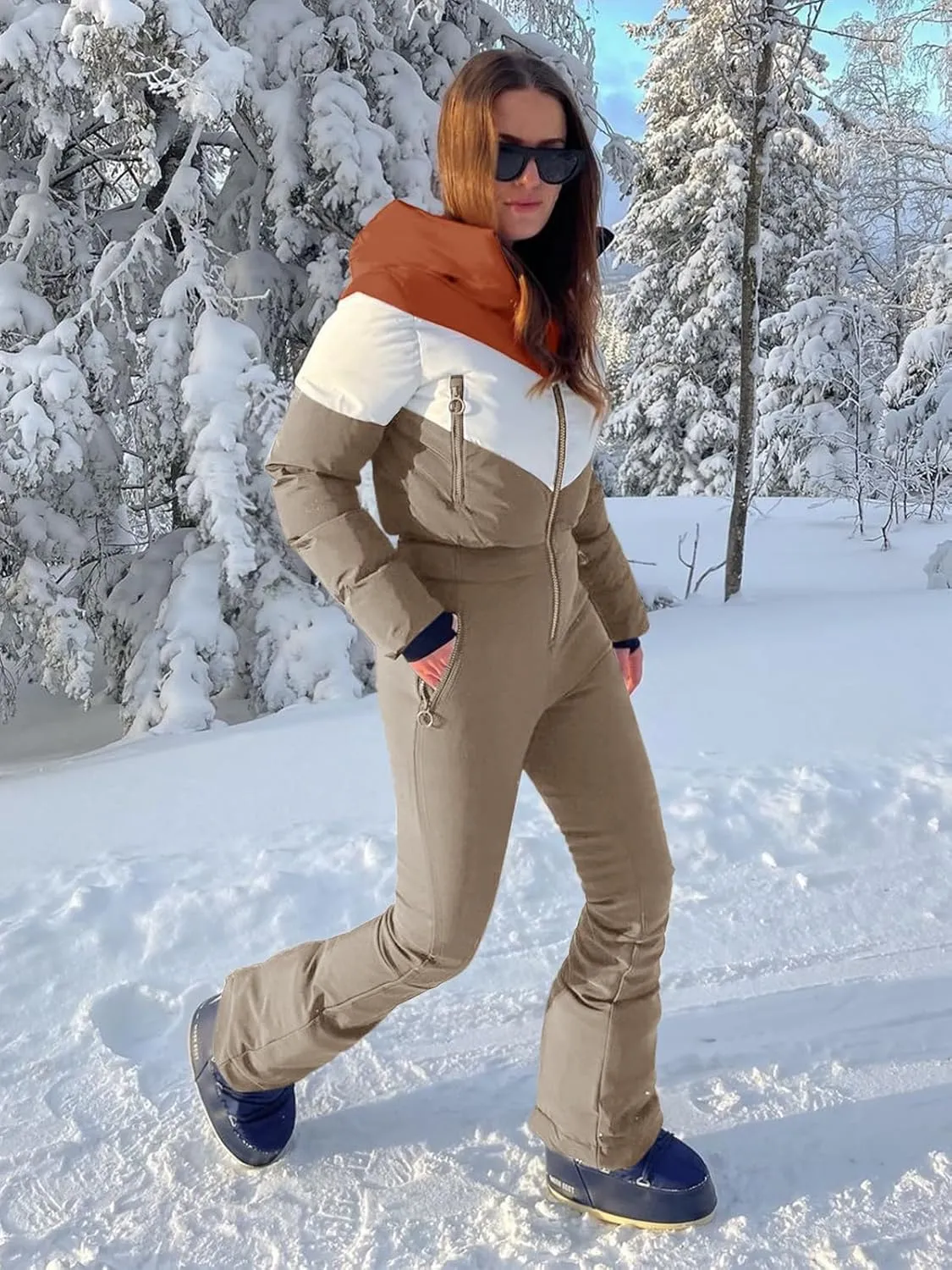 Fisoew Womens One Piece Ski Suit Warm Waterproof Snowsuits Winter Snow Jumpsuits Outdoor Sports Outerwear