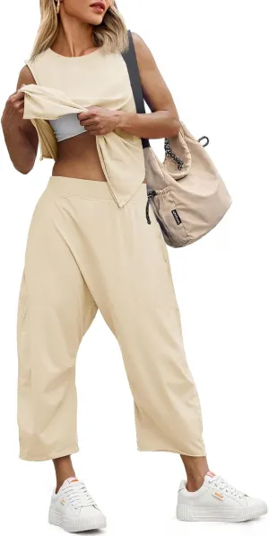 Fisoew Women's Summer 2 Piece Outfits Sleeveless Tank Tops and Wide Leg Pocketed Pants Workout Sweat Sets