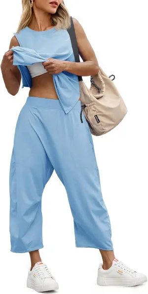 Fisoew Women's Summer 2 Piece Outfits Sleeveless Tank Tops and Wide Leg Pocketed Pants Workout Sweat Sets