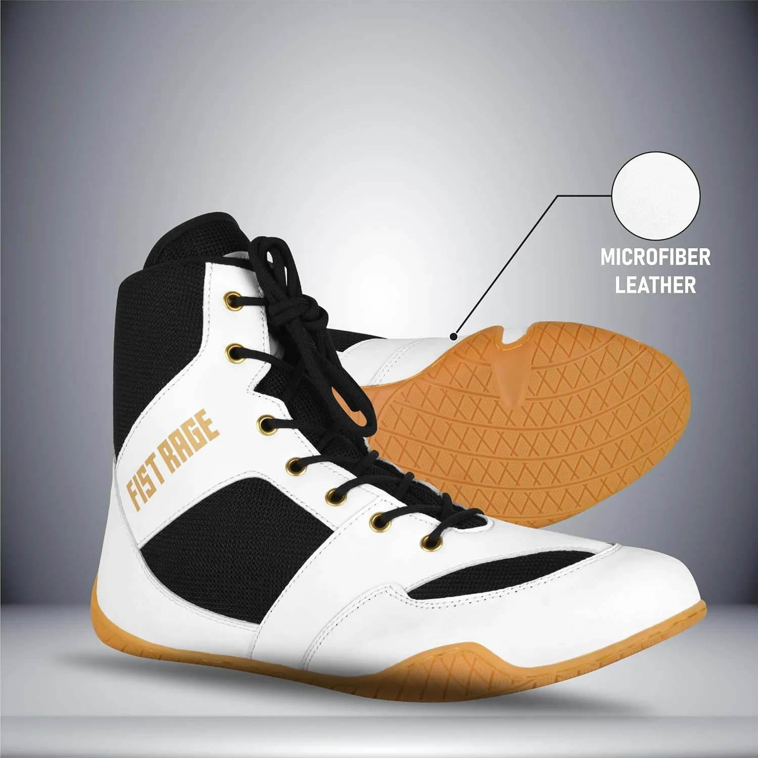 FISTRAGE Boxing Shoes Lightweight Microfiber Leather Kickboxing Training and Fighting Boots Pro Fighters with Mesh and Rubber Sole for Extra Grip - Ventilated Design - Men, Women, Kids Sizes Along With Sting Bag