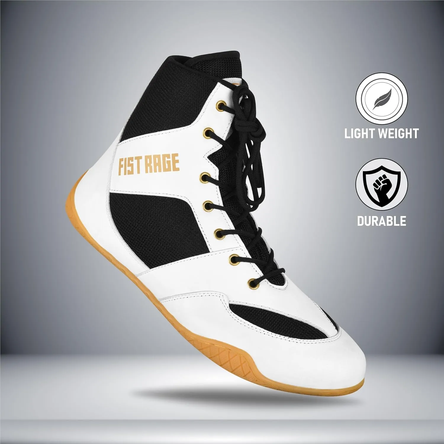FISTRAGE Boxing Shoes Lightweight Microfiber Leather Kickboxing Training and Fighting Boots Pro Fighters with Mesh and Rubber Sole for Extra Grip - Ventilated Design - Men, Women, Kids Sizes Along With Sting Bag